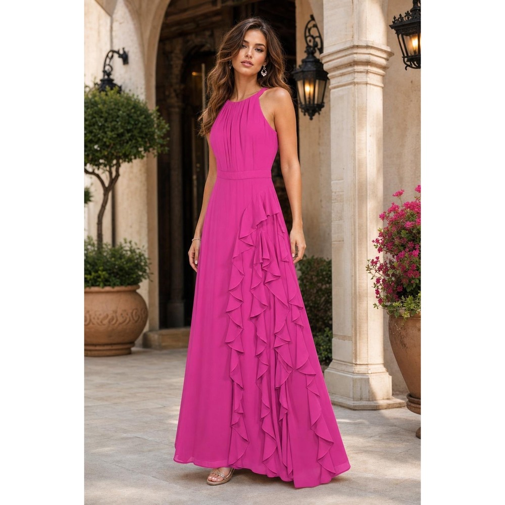 B&A Betsy & Adam Maxi‎ Dress Women's 10 Fuchsia Pink Ruffle Formal Evening Gown
